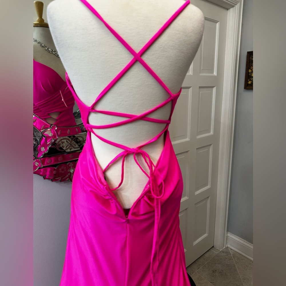 New La Femme Hot Pink Cut Out Cocktail Prom Gala Wedding Party Hi Slit Gown - Picture 7 of 17
